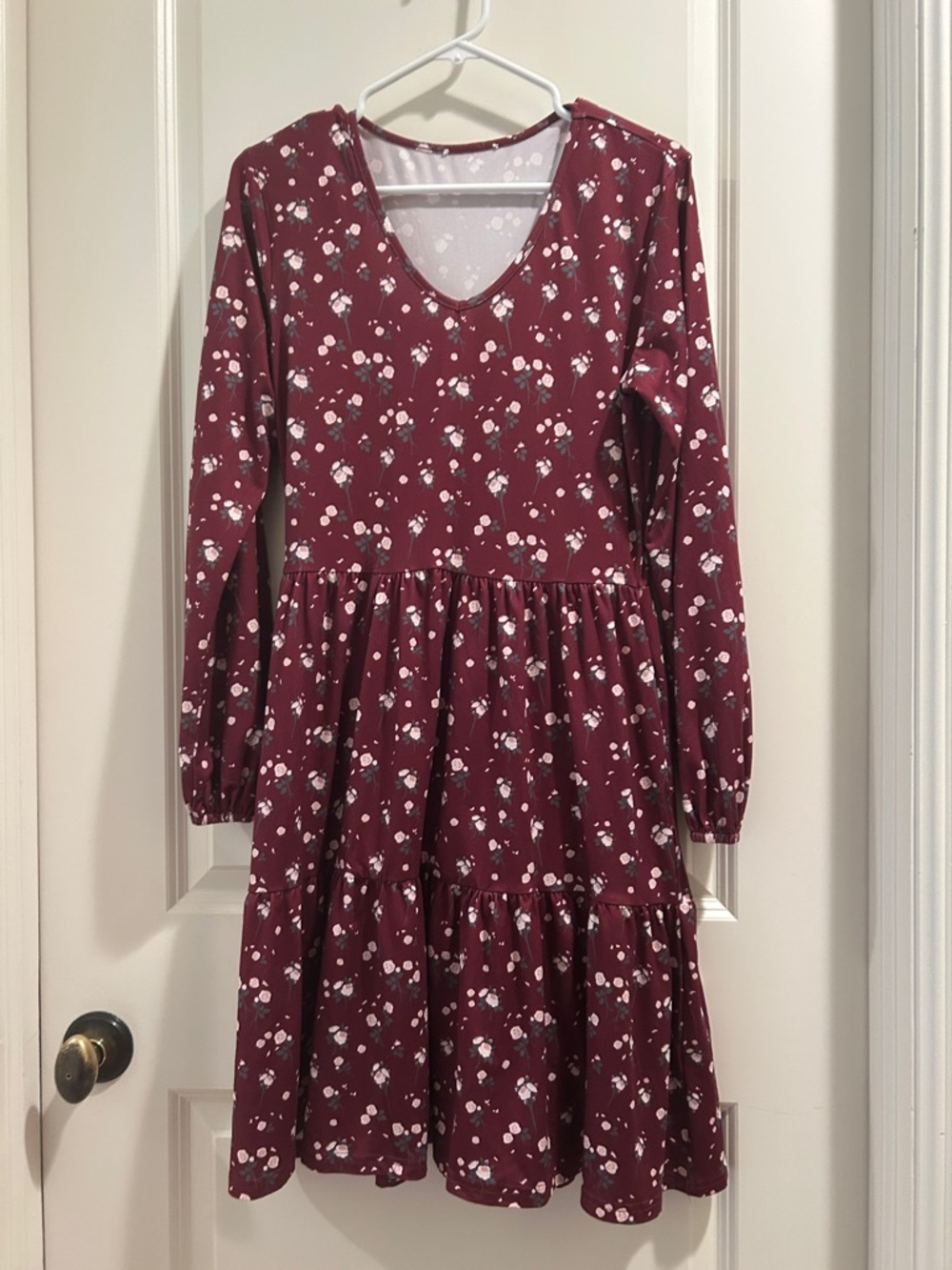 Unbranded Burgundy Floral Tiered Ruffle Long-Sleeve Dress stretchy elastic cuff